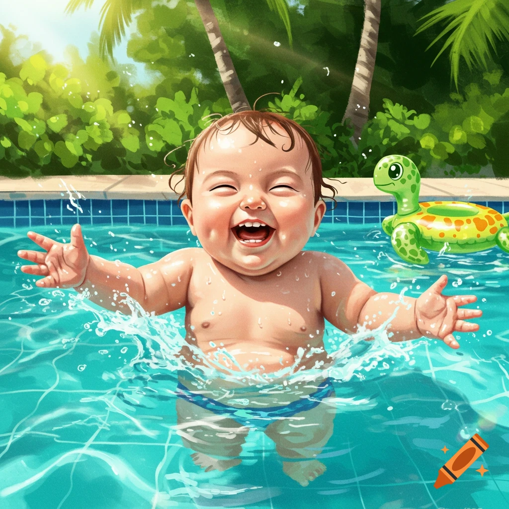 A happy baby splashes and laughs in a swimming pool on a sunny day, with palm trees and a green turtle float nearby, digital illustration.