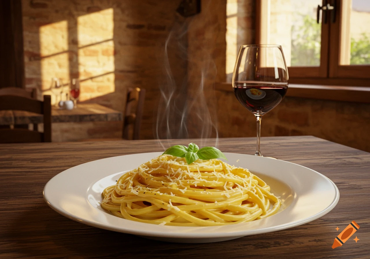 A steaming plate of cheesy pasta with basil sits on a wooden table next to a glass of red wine in a sunlit room.