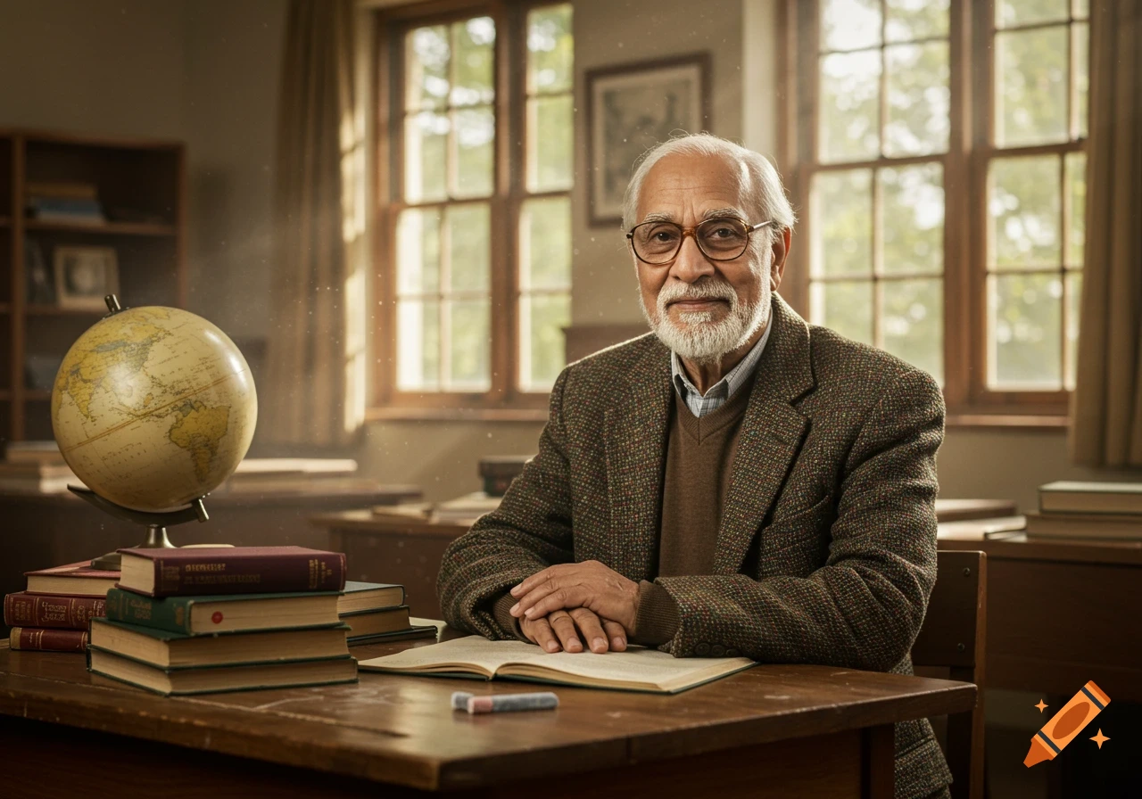 An elderly man with glasses and a white beard sits at a wooden desk with books and a globe in a sunlit classroom.