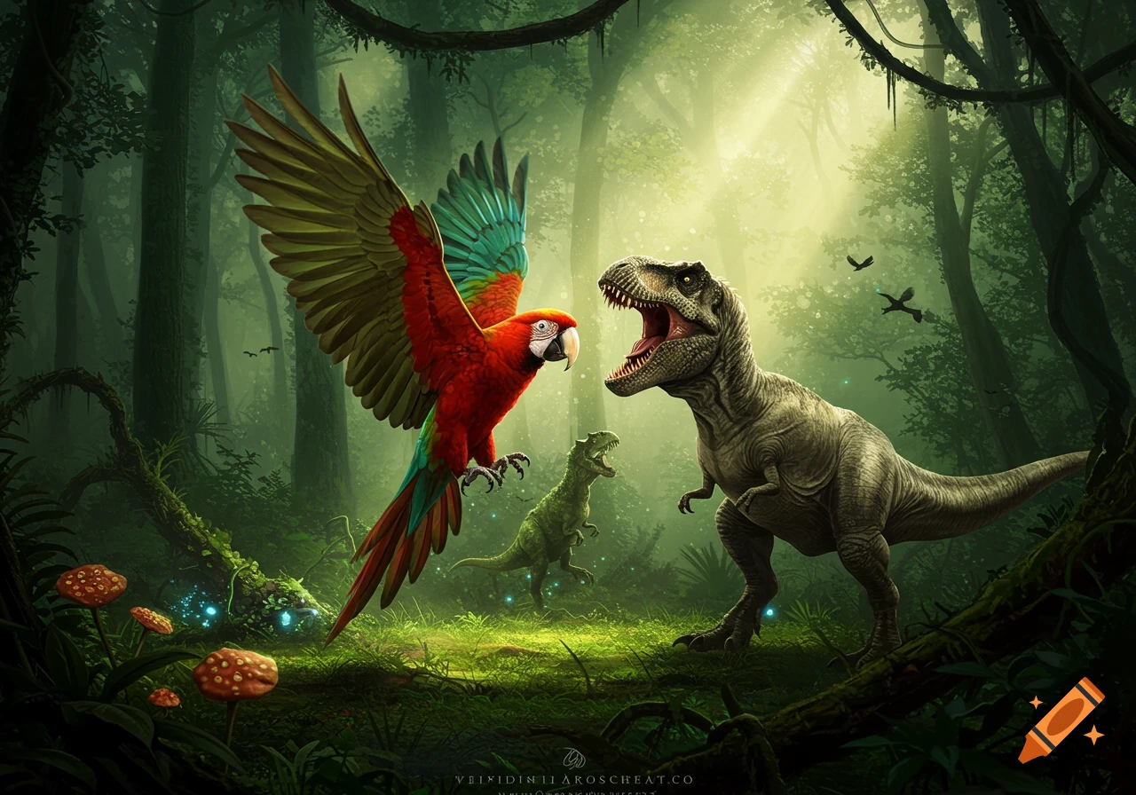 A large red and blue macaw with wings spread confronts a roaring T-Rex in a lush, sunlit prehistoric jungle.