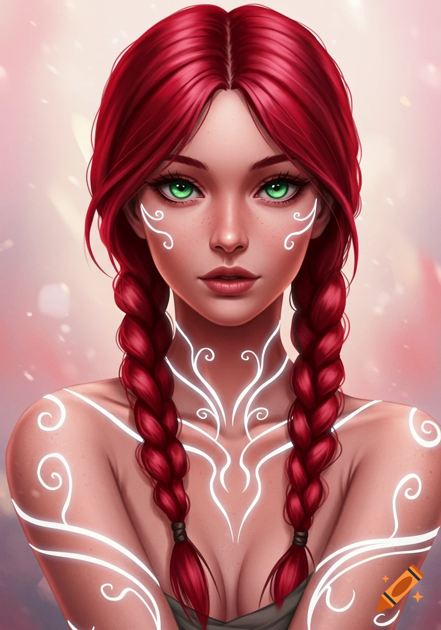 A digital art portrait of a young woman with red braided hair, emerald eyes, and glowing white patterns on her skin.
