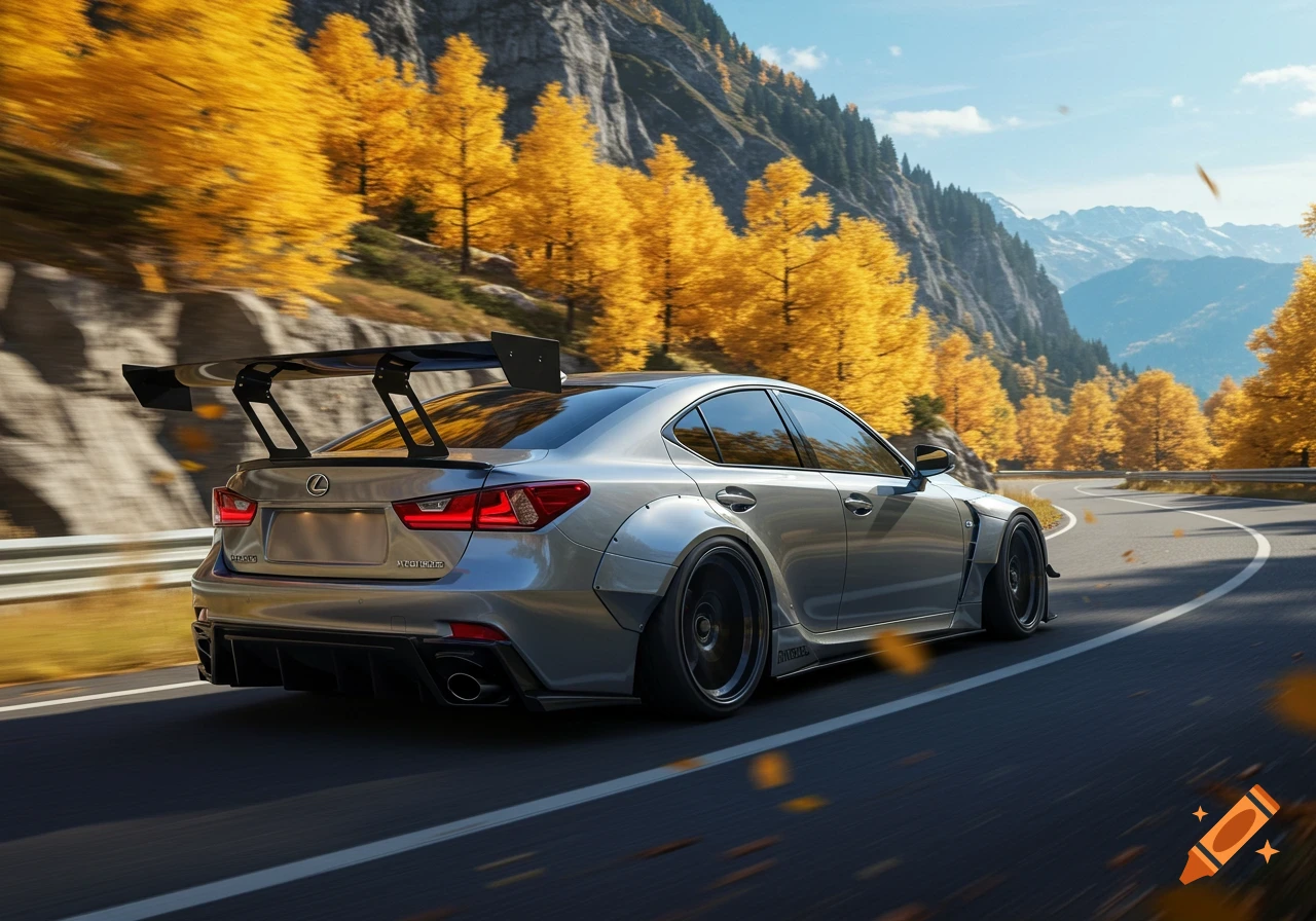 A silver Lexus sports car with a DTM-style wide body kit and a large rear wing drives on a winding mountain road in autumn with vibrant yellow trees.