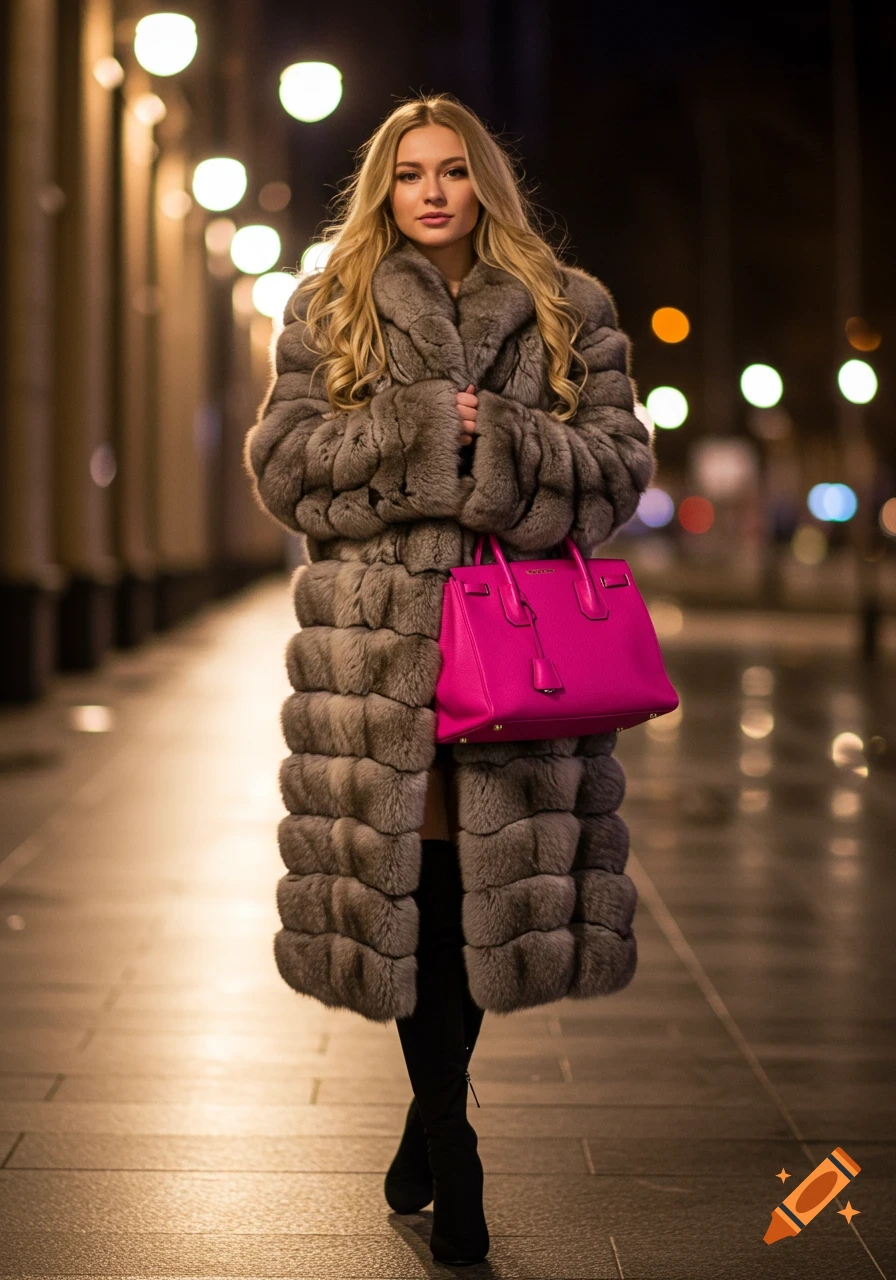 A beautiful woman with long blonde hair, wearing a fur coat, black boots, and holding a bright pink handbag on a city street at night.
