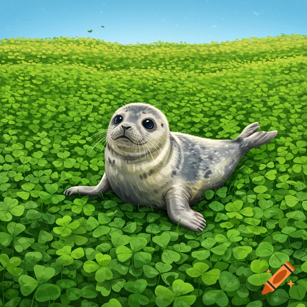 An adorable gray and white baby seal lies in a vibrant green field of clovers under a blue sky, in an illustration style.