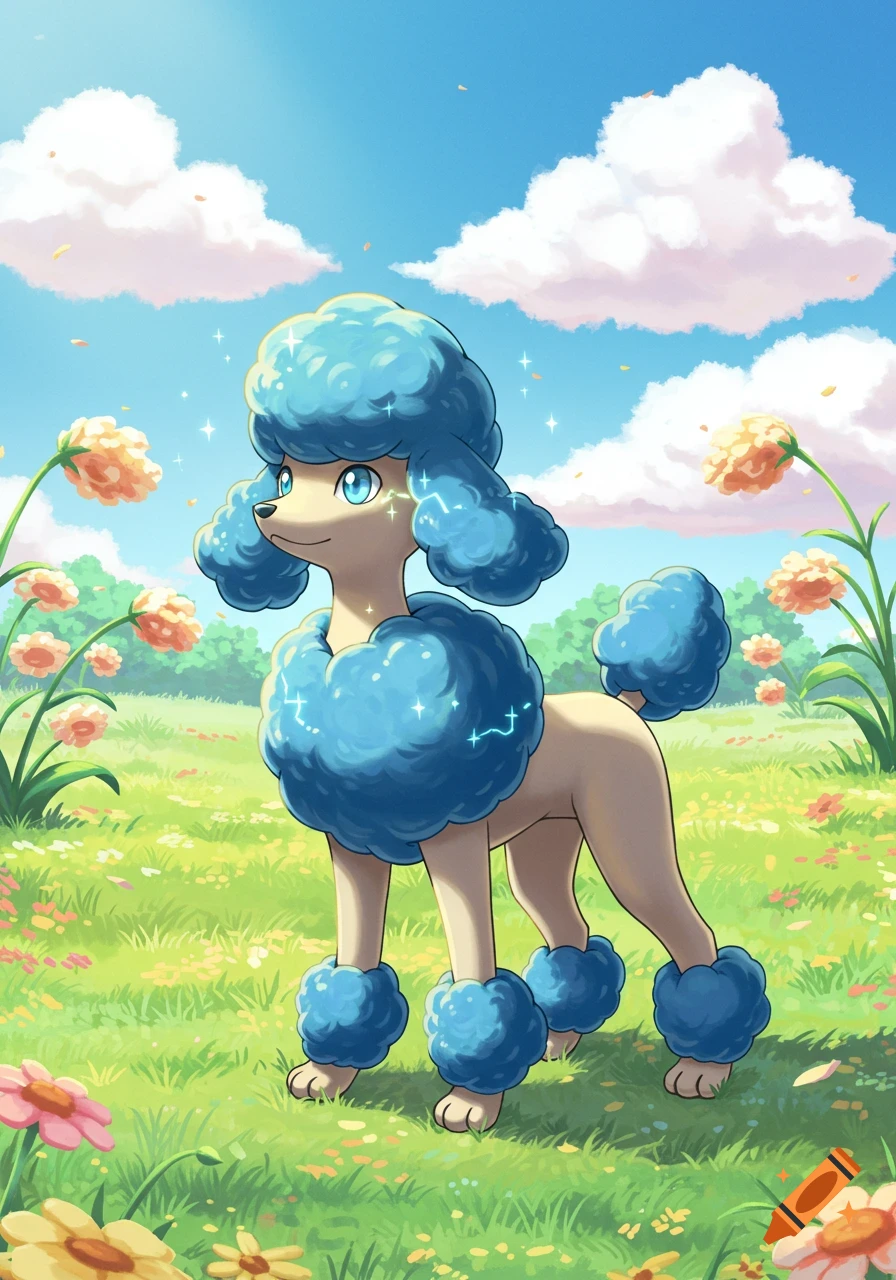 A blue-flocked poodle-like Pok emon with glowing blue eyes stands in a vibrant, sunlit meadow filled with colorful flowers.