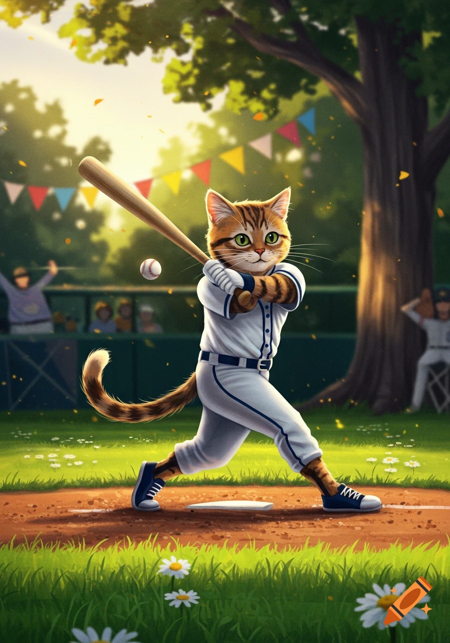 A cartoon tabby cat in a baseball uniform swings a bat at a baseball on a sunny field.