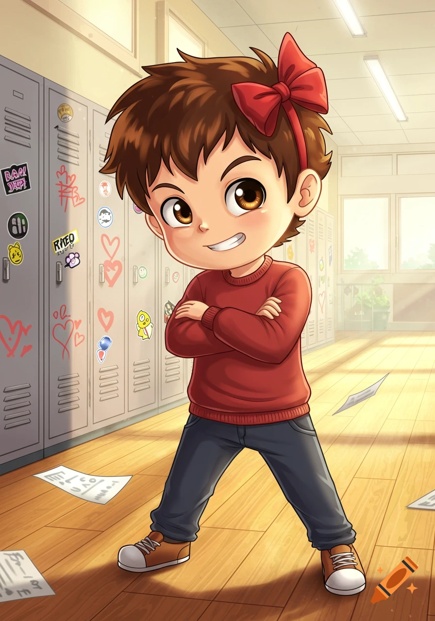 A cartoon child with brown hair and a red bow stands with arms crossed in a school hallway.