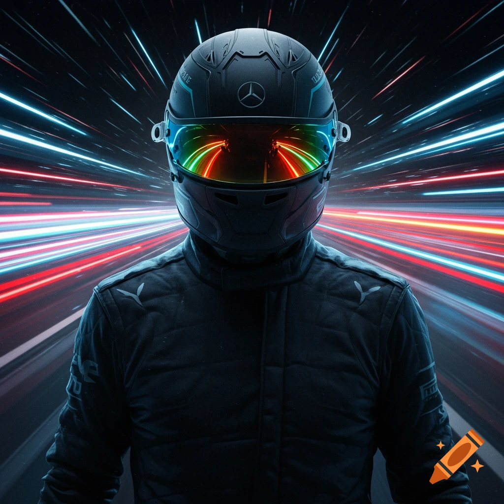 A dark, futuristic image of a masked racecar driver in a black suit and high-tech helmet, with a neon-colored visor reflecting a tunnel of light trails, against a background of red and blue light streaks simulating speed.