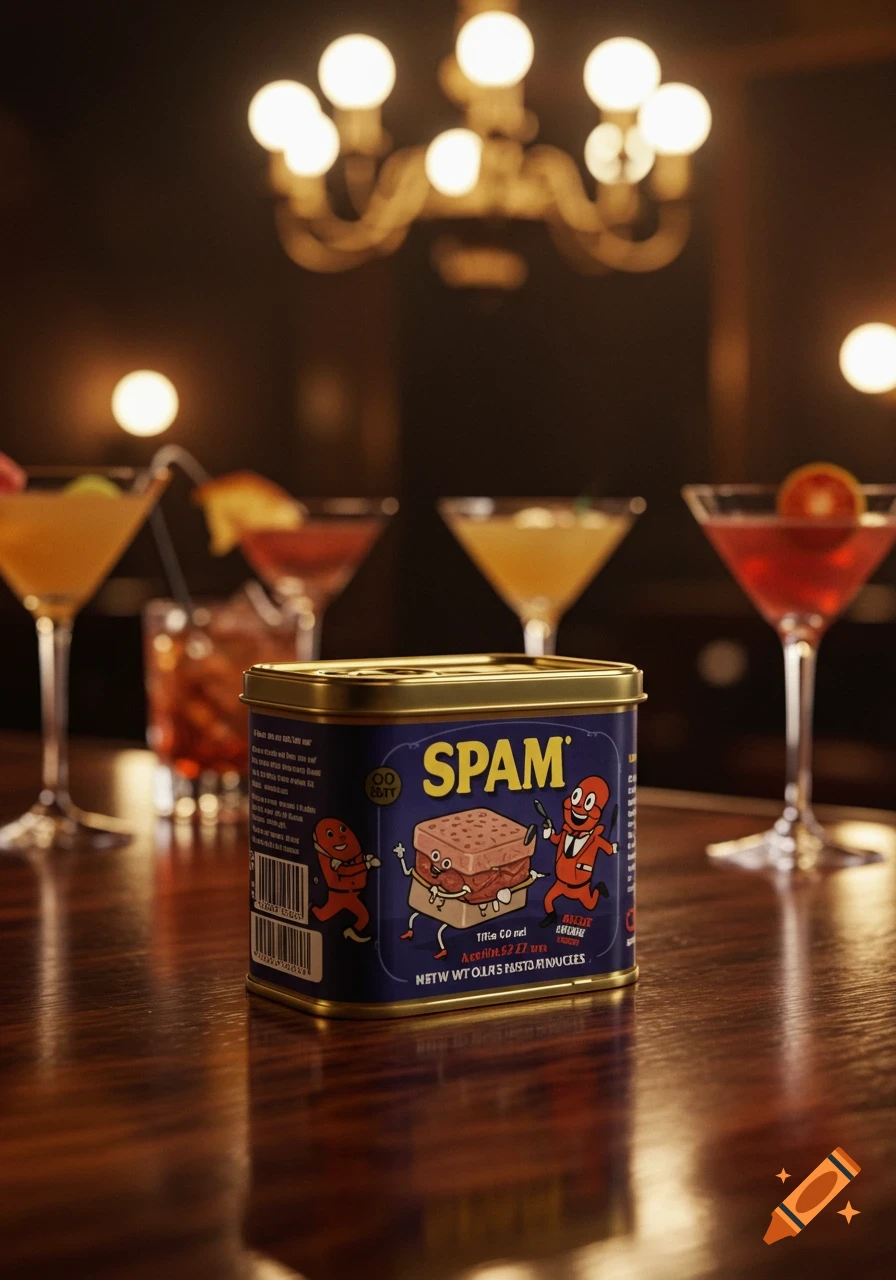 A can of Spam sits on a dark wooden bar counter with several blurry cocktails and a chandelier in the background, photorealistic style.