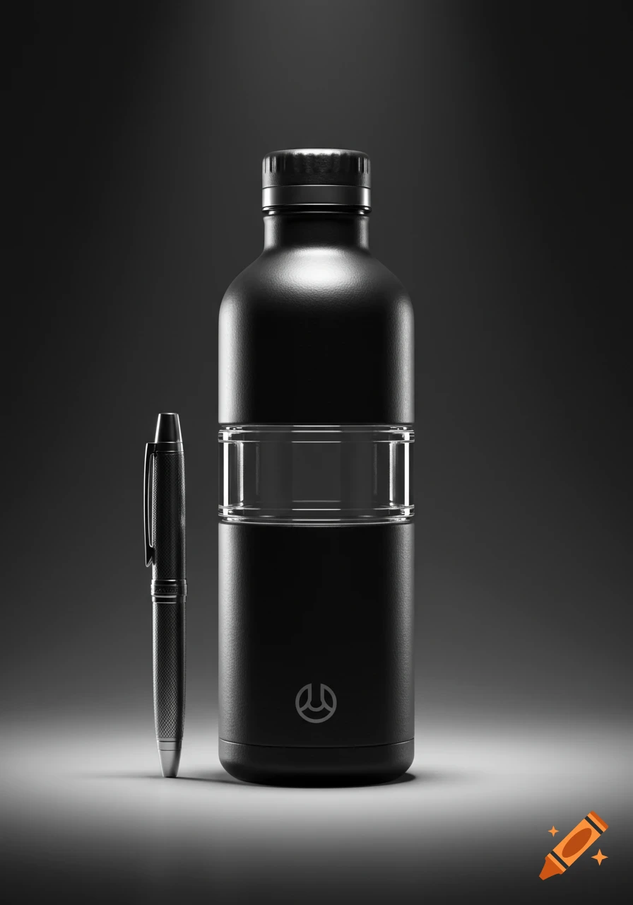 Photorealistic studio shot of a black water bottle with a clear band and a black pen on a dark background.