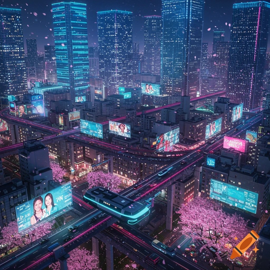 A vibrant, futuristic Tokyo cityscape at night, with towering skyscrapers, elevated highways, neon lights, flying vehicles, and cherry blossoms in full bloom.