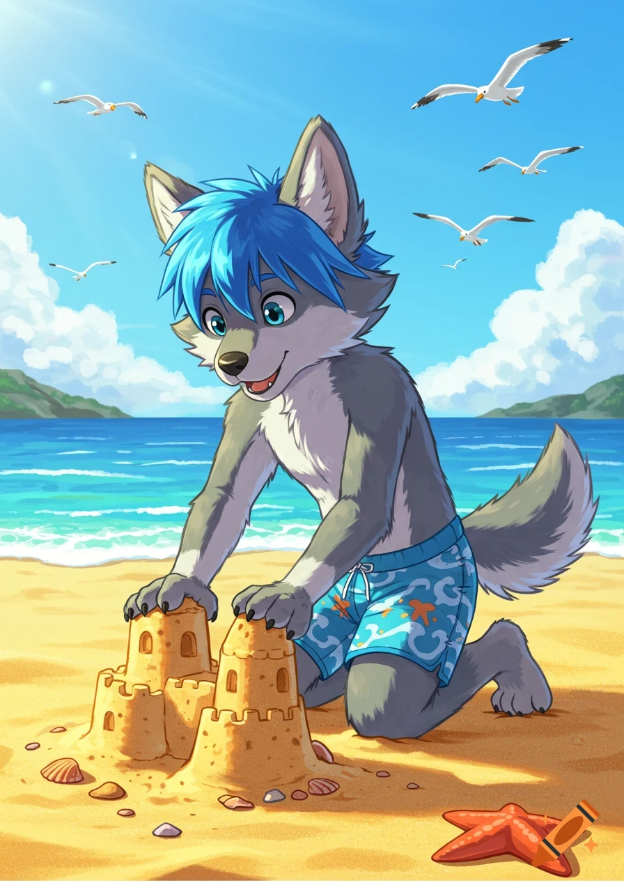 An anthropomorphic wolf cub with blue hair wearing blue swim trunks builds sandcastles on a sunny beach in anime style.