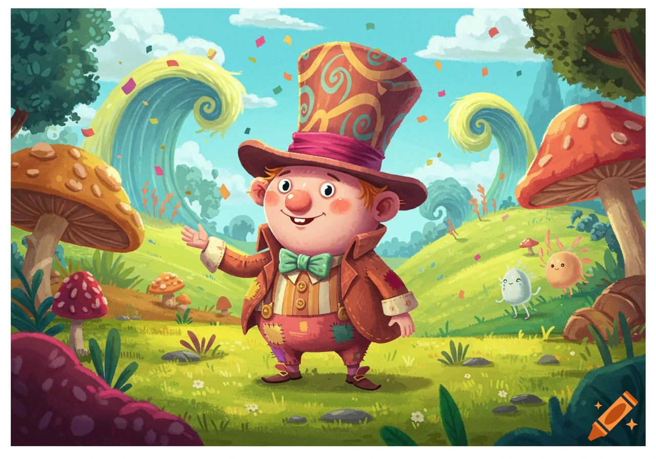 Whimsical cartoon character in a tall hat and patched clothes smiles in a vibrant fantasy land with mushrooms and swirling waves.