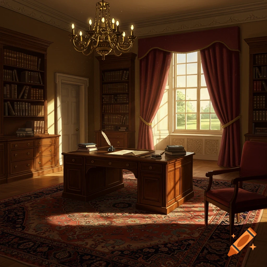 A sunlit, ornate study room with a wooden desk, quill, books, red curtains, a chandelier, and an intricate rug.