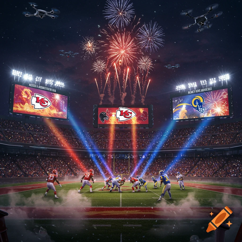 American football game at night under fireworks, with drones flying above a stadium displaying Kansas City Chiefs and Los Angeles Rams logos on scoreboards.