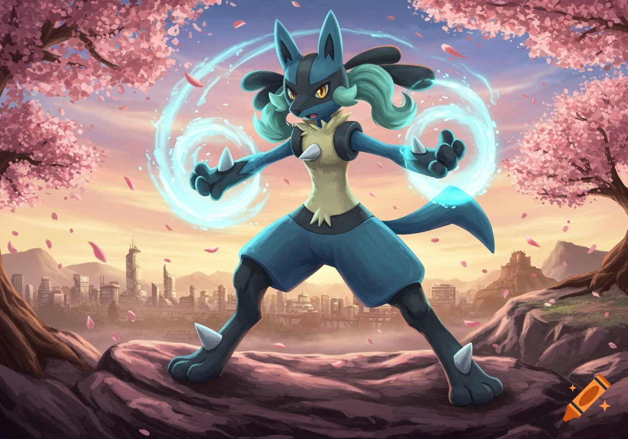 Lucario stands powerfully on a rock, blue aura swirling around its hands, with cherry blossoms and a city skyline at sunset.