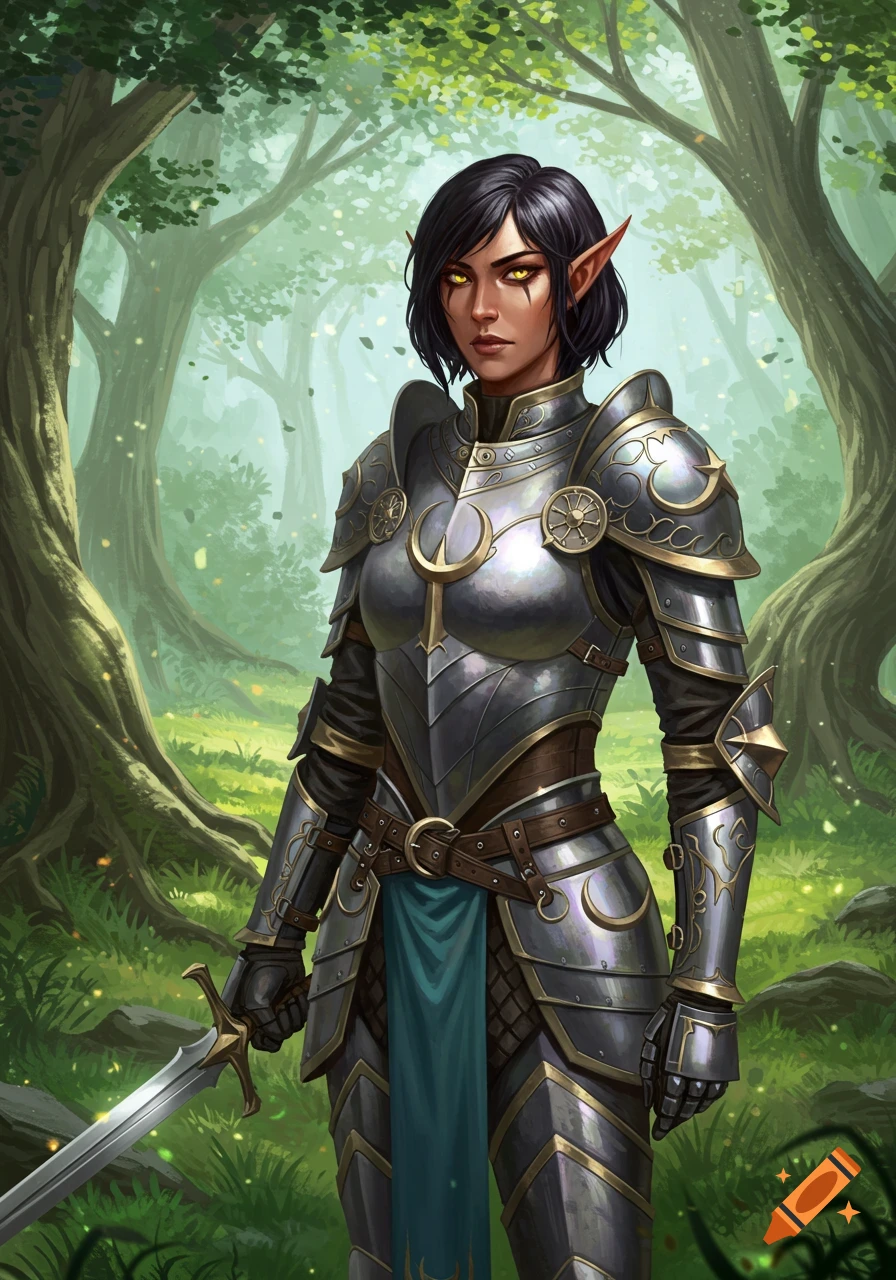 A half-elf woman in detailed silver and gold paladin armor holds a sword in a magical forest, digital painting style.