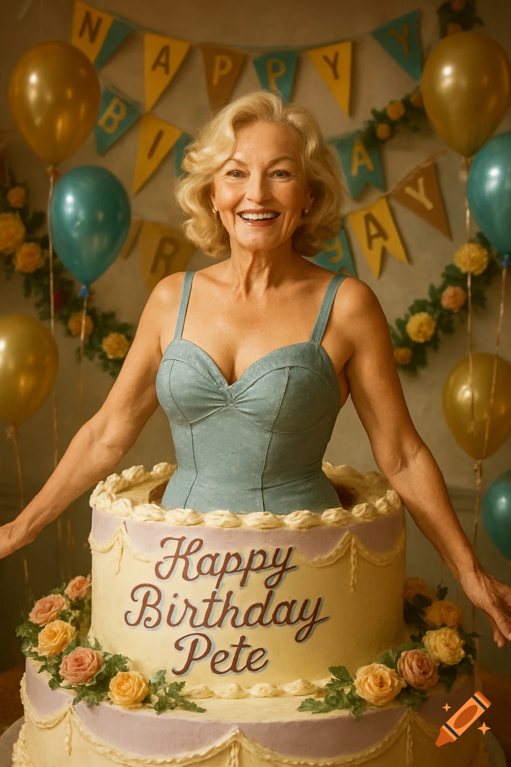 A smiling blonde woman in a light blue top emerges from a "Happy Birthday Pete" cake, surrounded by balloons and party banners. Photorealistic.