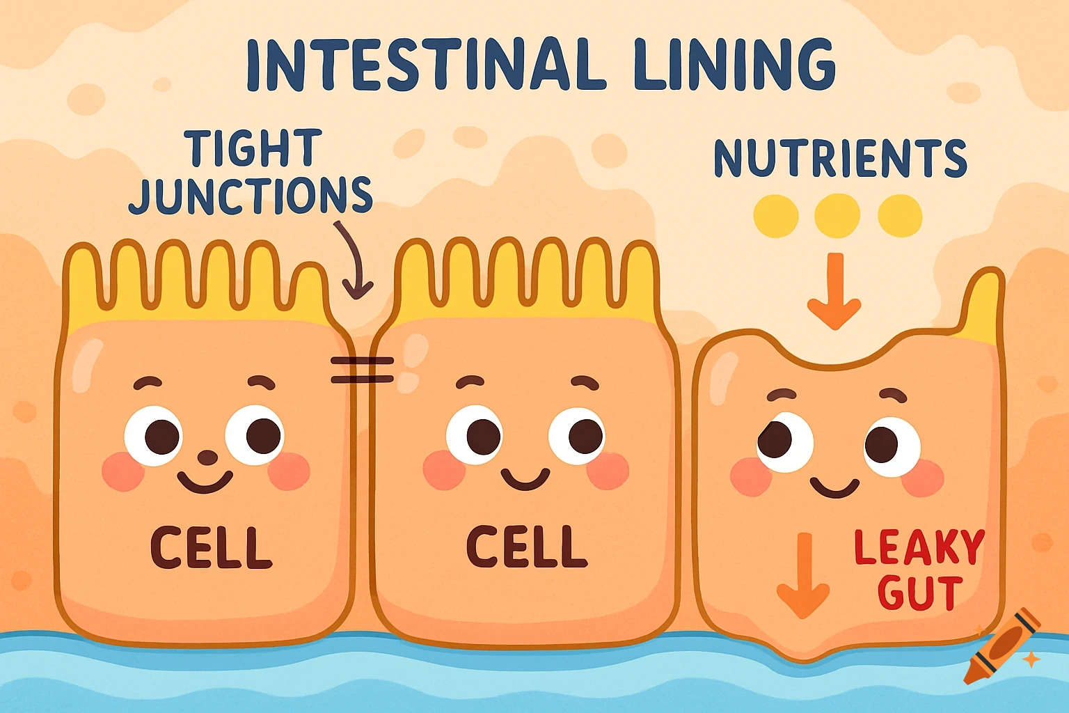 Cartoon illustration of intestinal lining cells with friendly faces, explaining tight junctions, nutrients, and leaky gut.