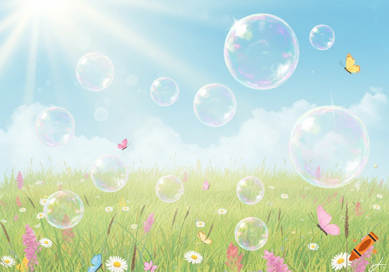 Vibrant illustration of a sunlit meadow filled with wildflowers, flying iridescent bubbles, and colorful butterflies under a blue sky.
