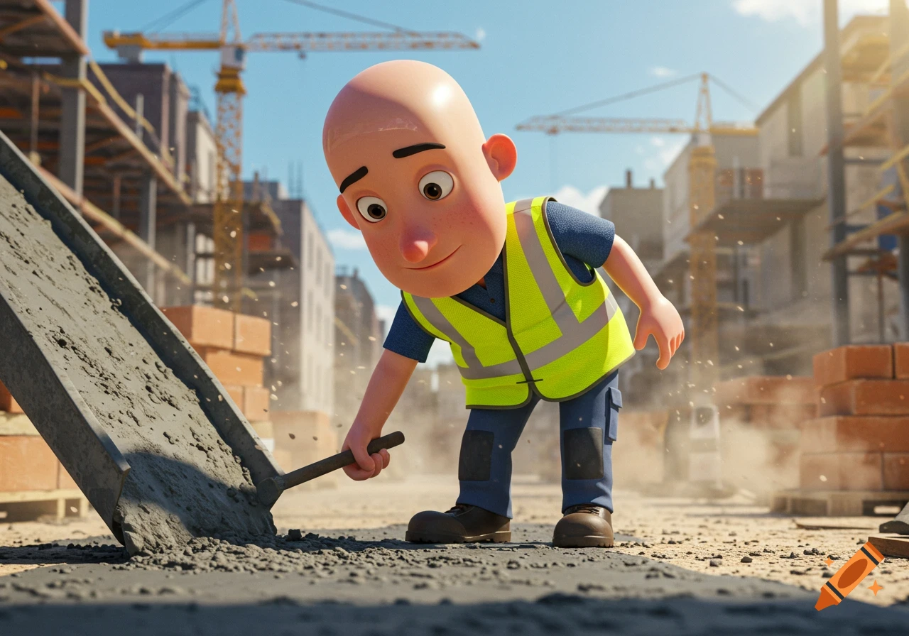 A bald cartoon construction worker in a high-visibility vest uses a tool to smooth concrete at a sunny construction site.