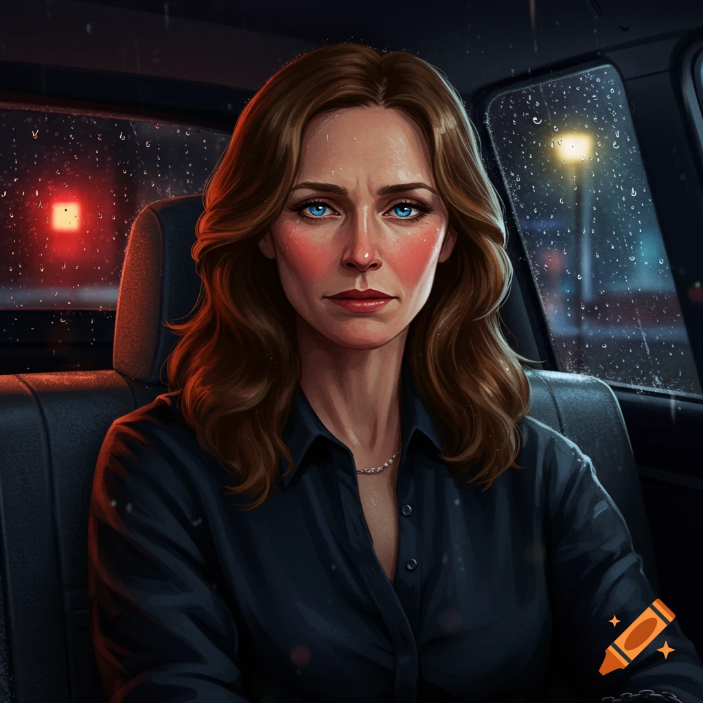 A serious woman with blue eyes and rosy cheeks sits in a dark car on a rainy night, digital art.