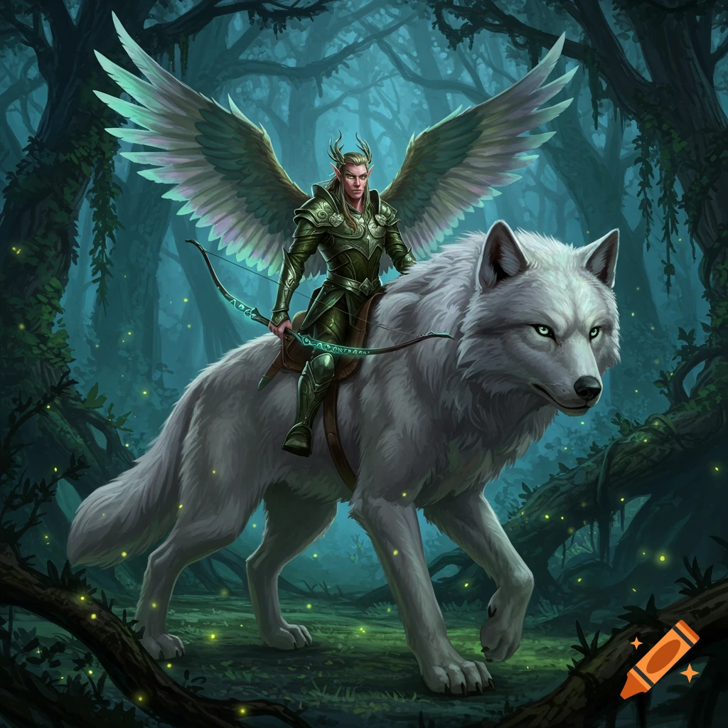 A winged elven ranger with a bow rides a large white wolf through a mystical, dark forest filled with glowing fireflies.