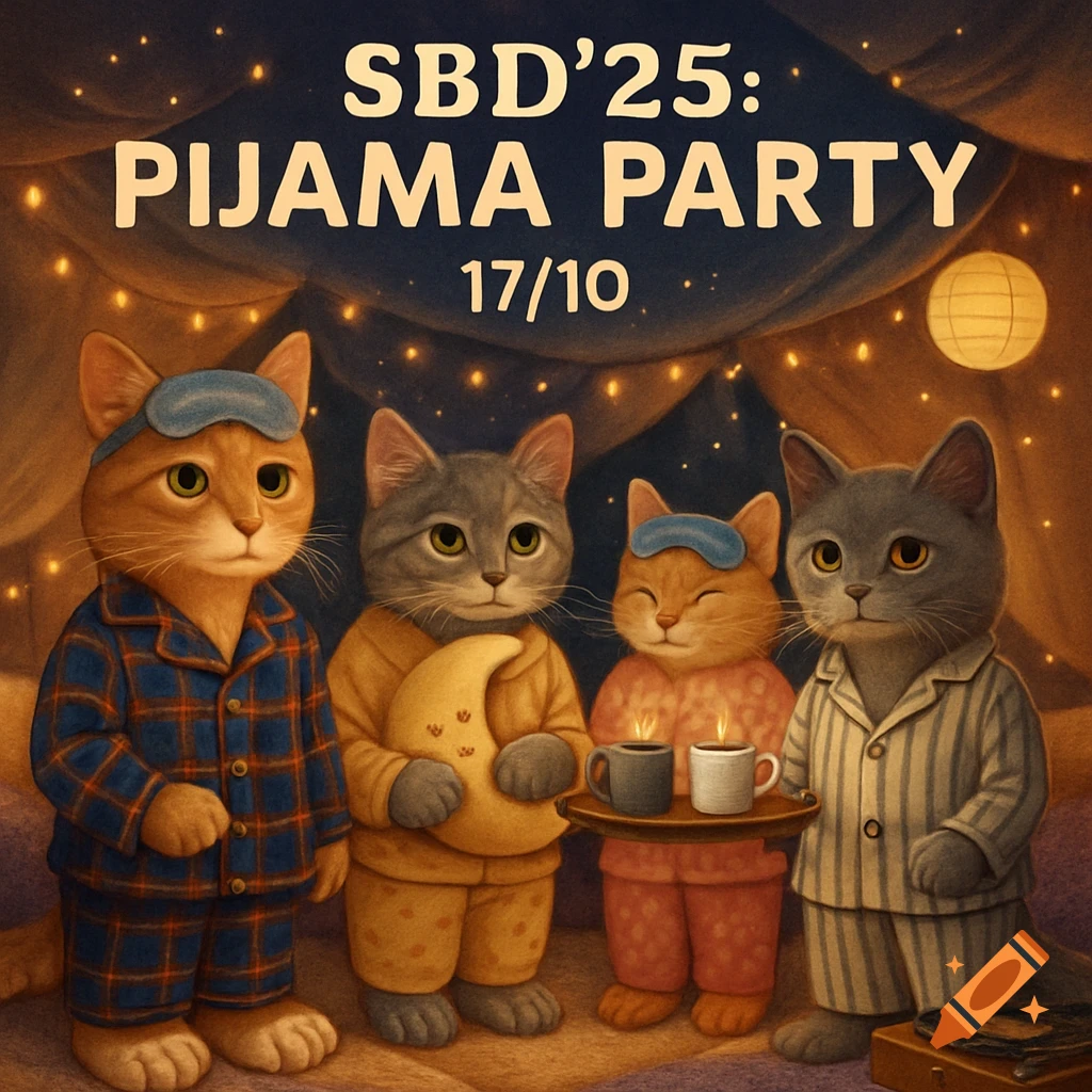 Four anthropomorphic cats in pajamas gather for a cozy pajama party in a blanket fort with string lights; one holds a moon pillow, another carries mugs.