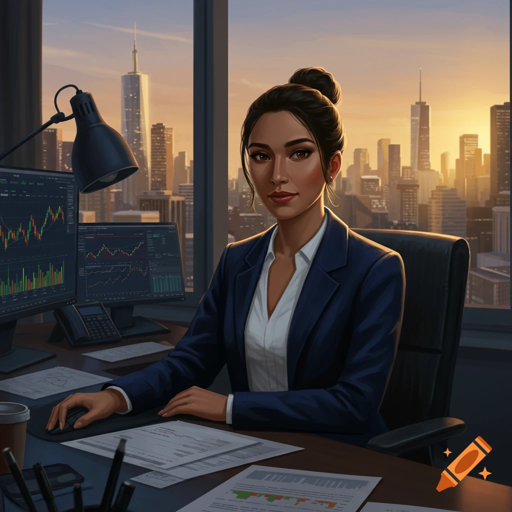 A professional woman in a suit works at a desk with multiple monitors showing financial charts, overlooking a city skyline at sunset.