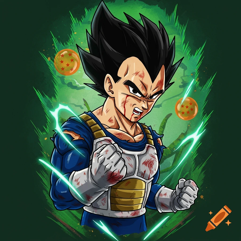 Beat-up Vegeta from Dragon Ball Z, showing blood and torn armor, surrounded by green energy and Dragon Balls in a tattoo style.