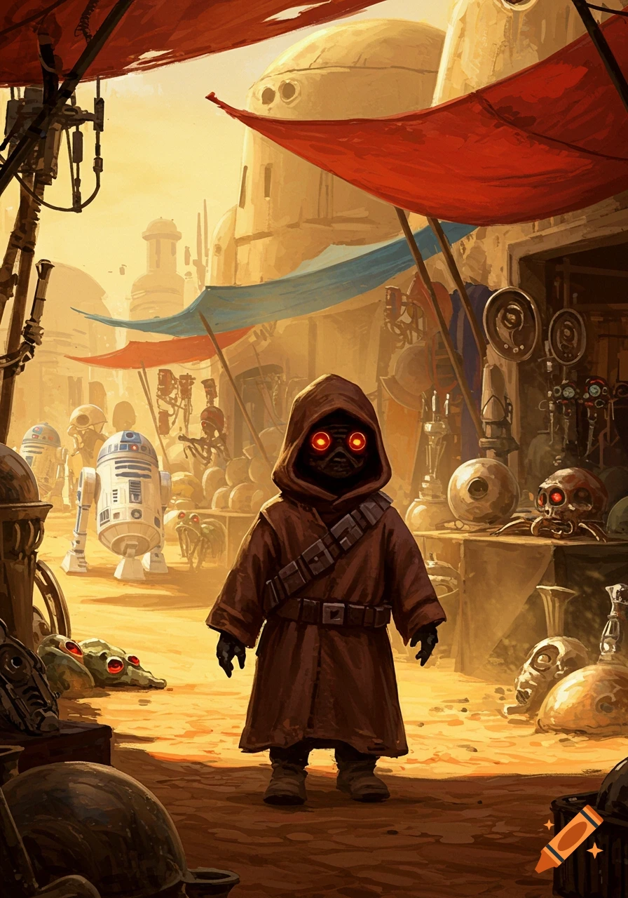 A Jawa stands in a vibrant, stylized desert marketplace, surrounded by droids, alien objects, and colorful awnings.