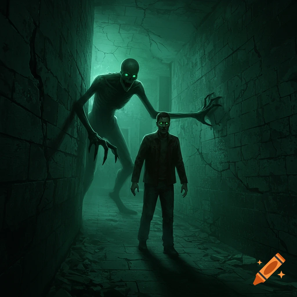 A tall, emaciated green-eyed monster looms over a terrified man in a dark, eerie corridor, horror art.
