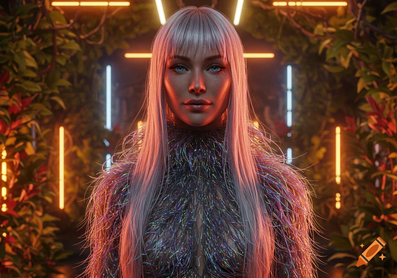 A futuristic woman with long pink hair and glowing blue eyes wears an iridescent, feathery outfit in a neon-lit jungle.