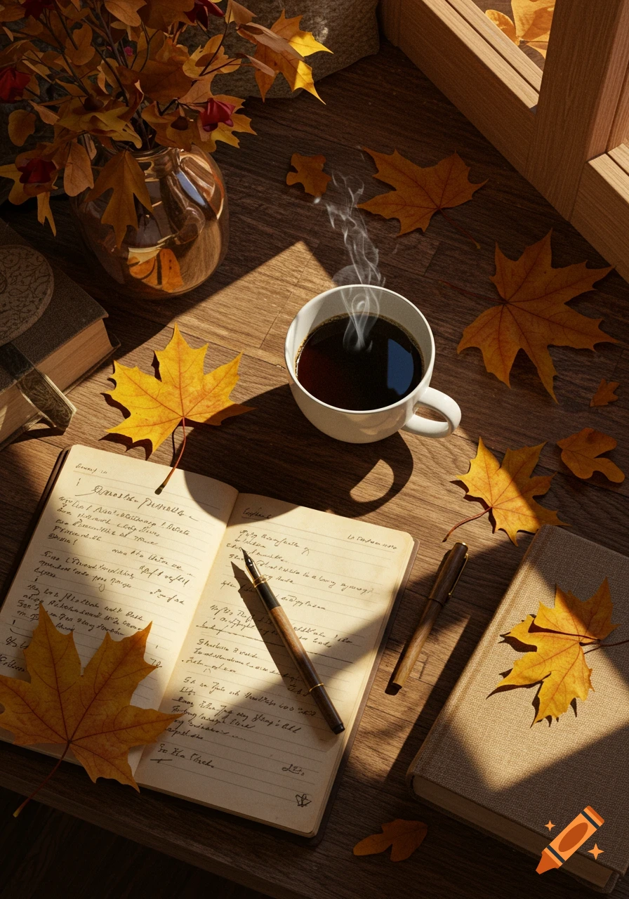 Overhead view of a cozy autumn scene with a steaming cup of coffee, open notebook, fountain pen, scattered maple leaves, and books on a wooden table, bathed in sunlight.