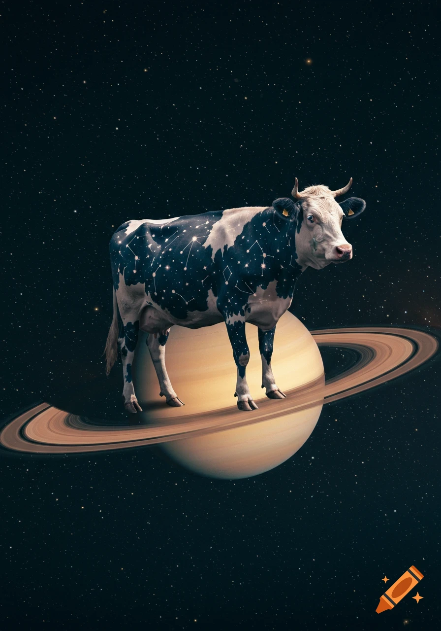 A realistic cow with luminous constellations on its dark fur stands on the rings of Saturn in deep space.