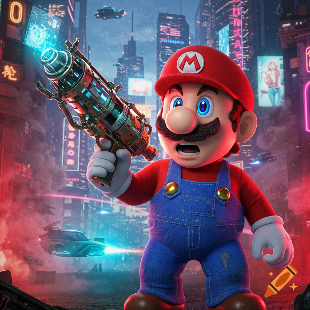 Mario holds a glowing futuristic gun in a neon-lit cyberpunk city with flying vehicles.