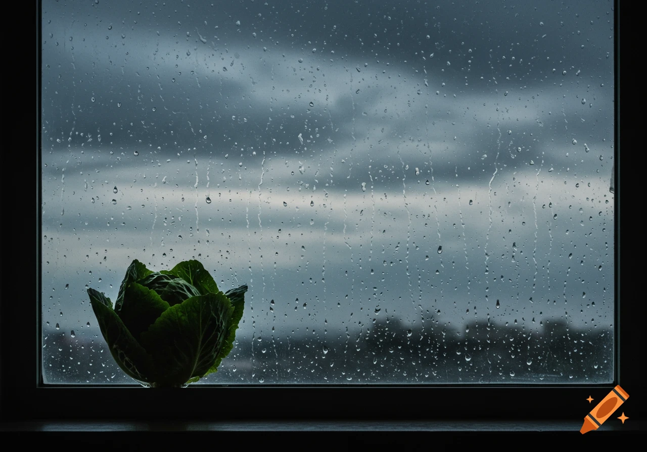 A green head of lettuce is silhouetted on a windowsill against a rain-streaked window, with a gloomy sky outside.