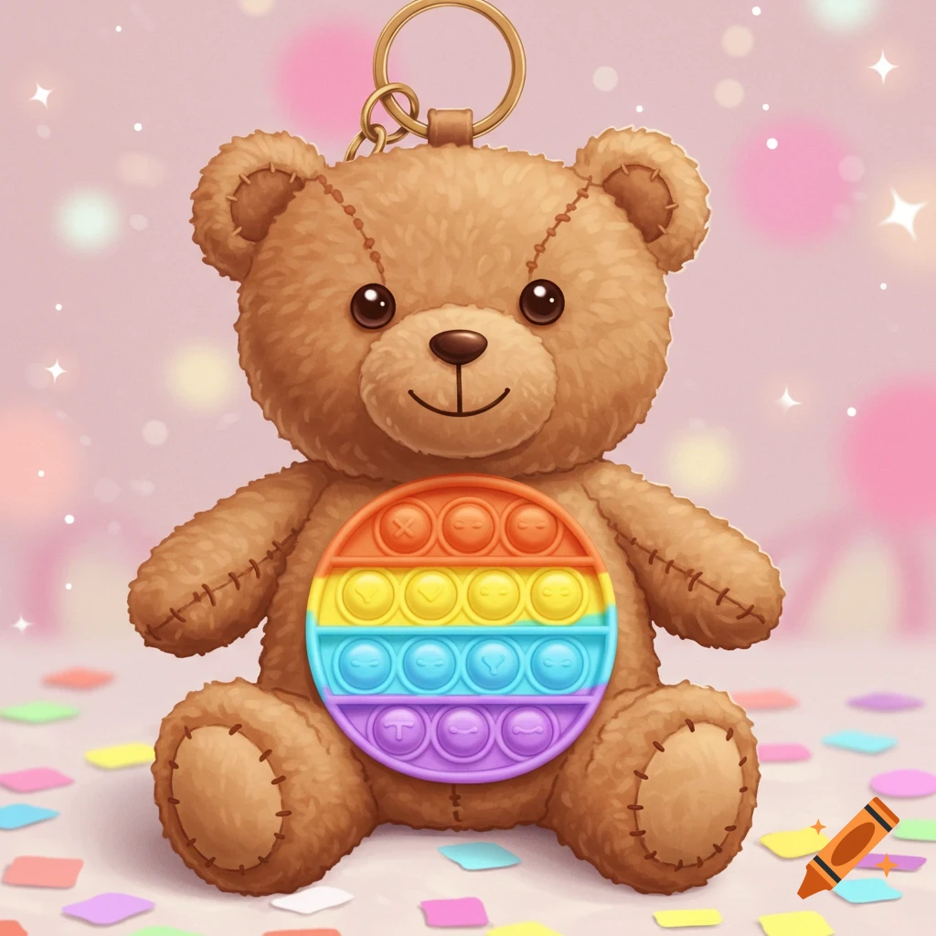 A cute cartoon teddy bear keychain with a rainbow pop-it fidget toy on its stomach, surrounded by colorful confetti.