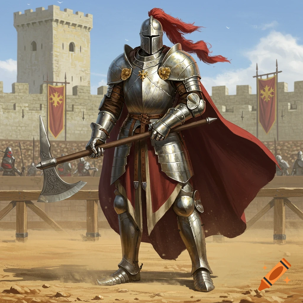 A knight in shining full plate armor and a red cape holds a greataxe in a sandy jousting arena with a castle in the background.