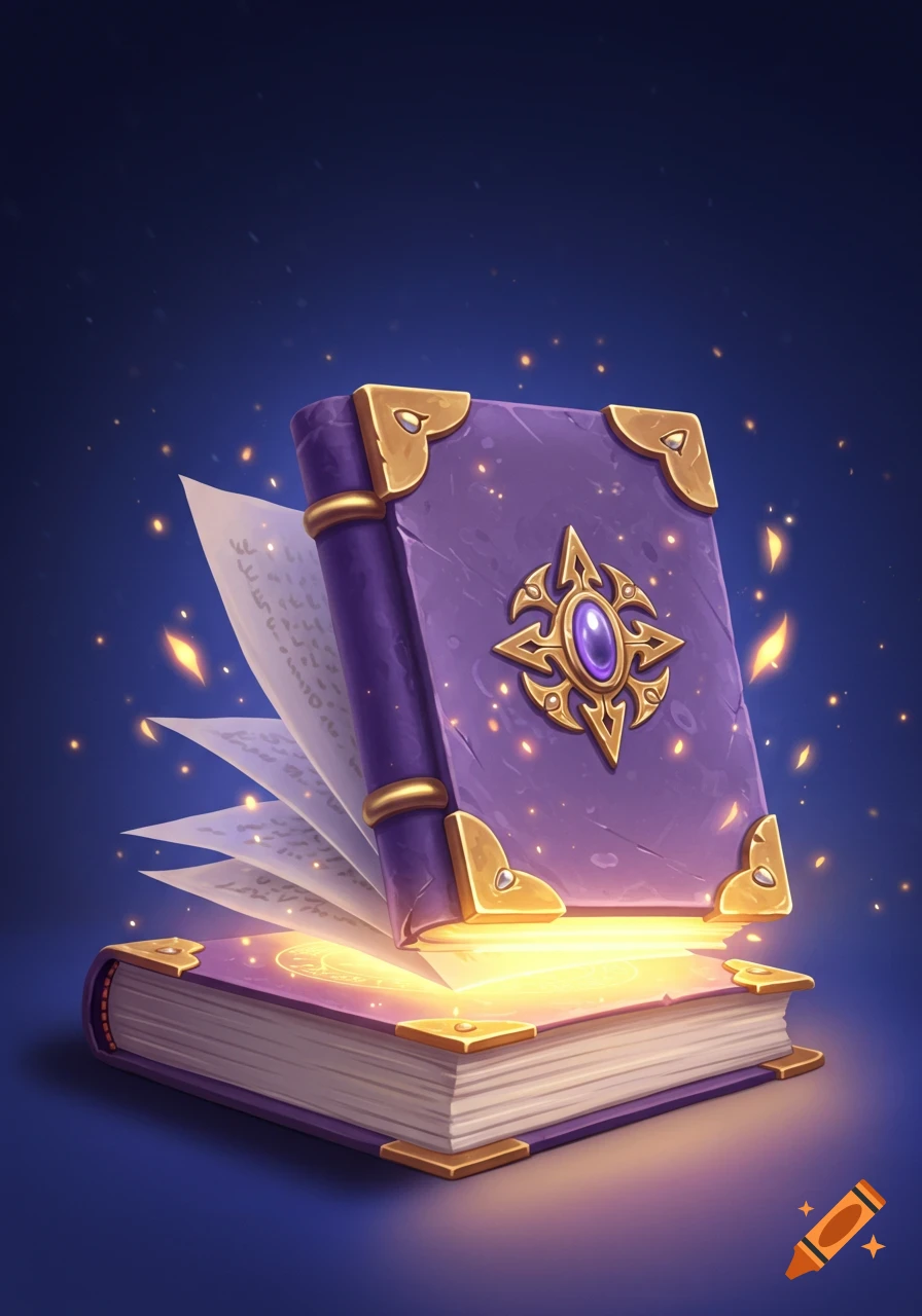 A glowing, ornate purple magic book with gold accents, open to pages with illegible script, on a dark blue background with sparkles. Stylized.