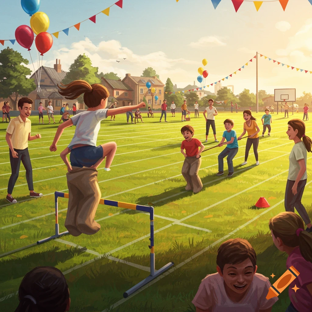 A vibrant illustration of children participating in a sports day, with sack races and tug-of-war on a sunny green field.