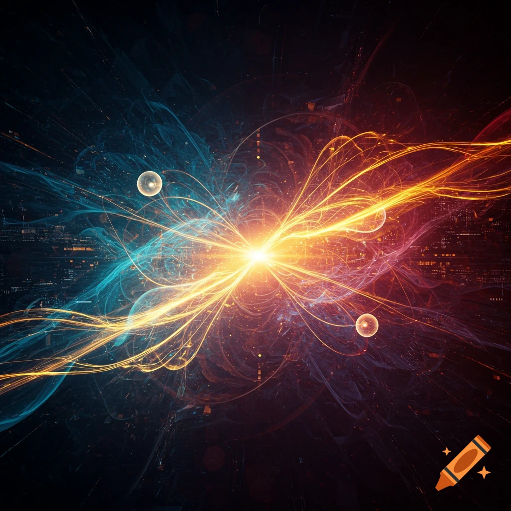 Abstract burst of bright light with swirling orange, yellow, and blue energy against a dark background.
