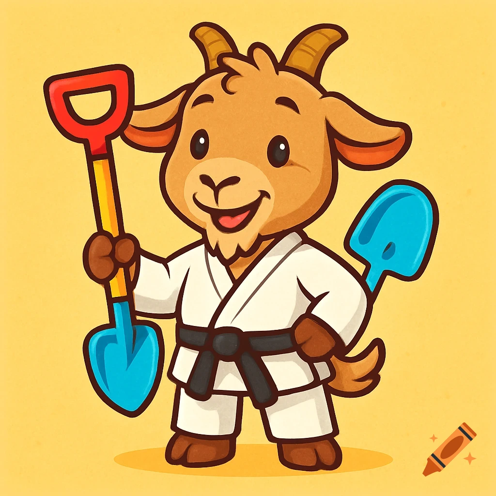 A cute cartoon goat wearing a white martial arts uniform and black belt, smiling happily and holding a colorful shovel, on a yellow background.