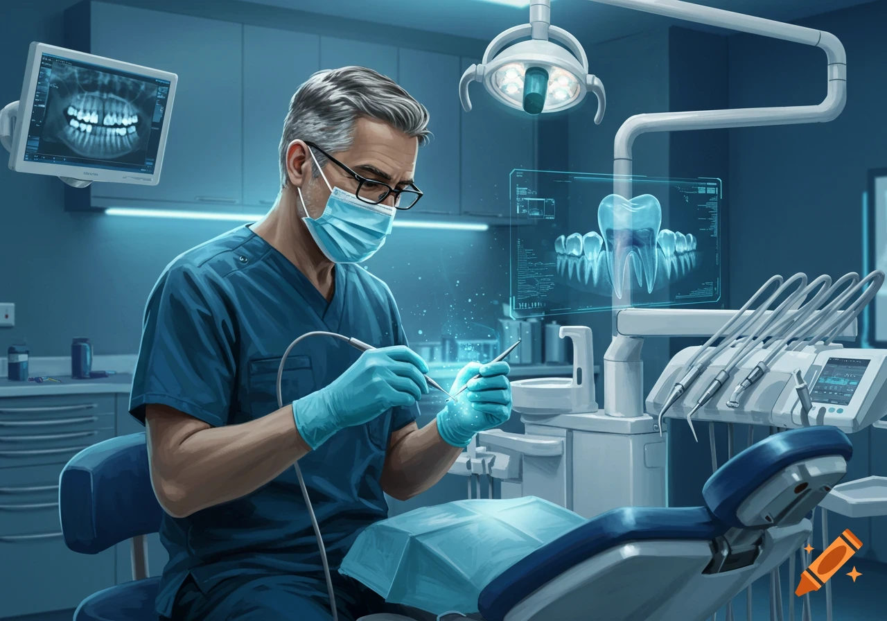 A male dentist in scrubs, mask, and glasses uses glowing digital tools in a high-tech dental office with screens showing teeth X-rays. Illustrated style.