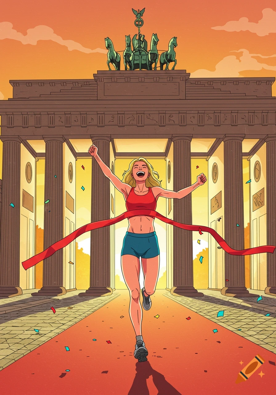 A blonde female runner in a red top and blue shorts breaks a finish line tape with raised arms in victory at the Brandenburg Gate in an illustrative style.