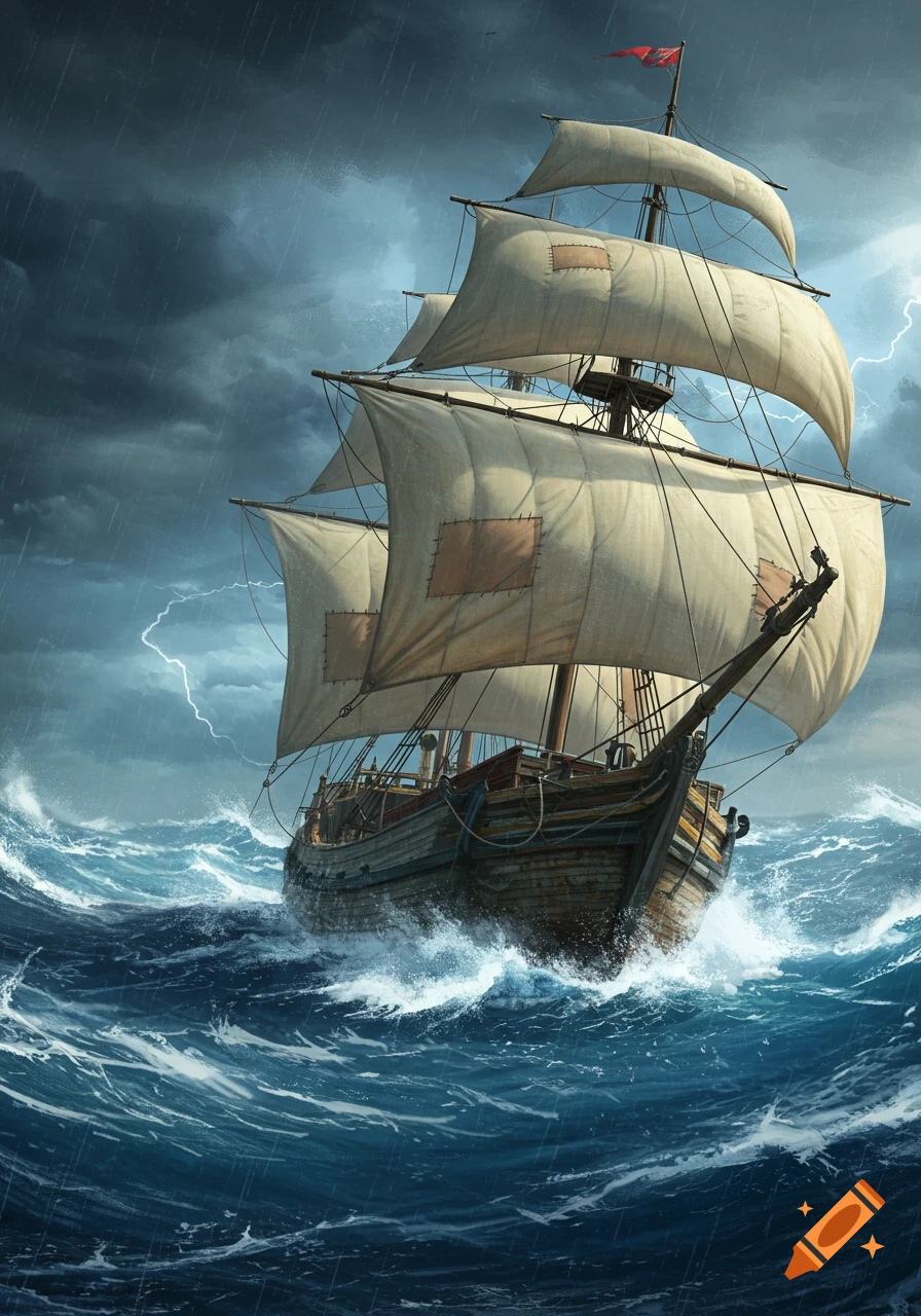 An old wooden sailing ship with patched sails navigates large waves in a stormy, dark sea with rain and lightning.