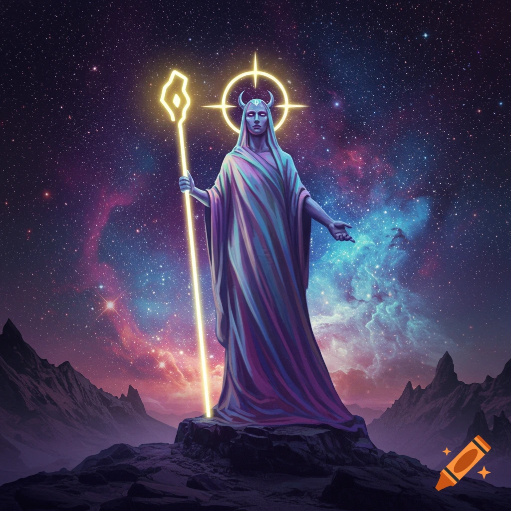 A horned, robed deity holds a glowing staff on a mountain under a vibrant starry cosmic sky.