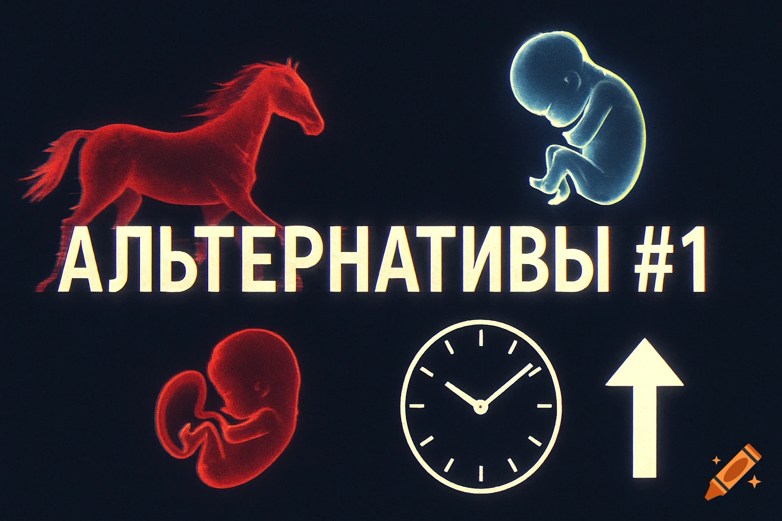 A red glowing horse, two stylized glowing embryos, a clock, and an arrow surround the glowing text 'АЛЬТЕРНАТИВЫ #1' on a dark background.
