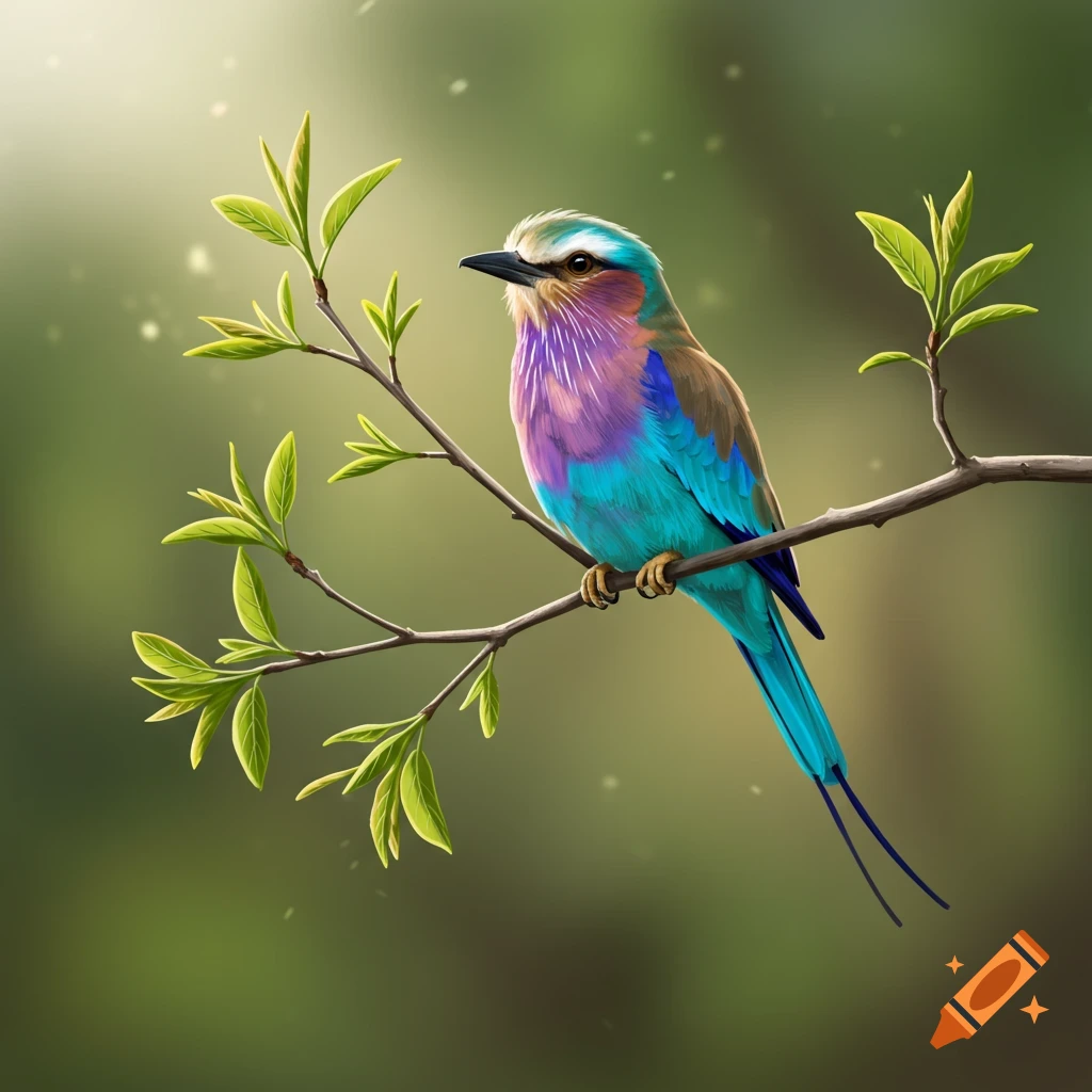 A colorful Lilac-breasted roller bird with purple, blue, and teal feathers perches on a branch with green leaves against a soft green background.