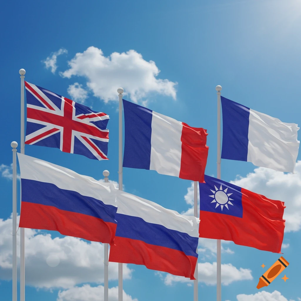 Flags of the United Kingdom, France, Russia, and Taiwan flying under a bright blue sky with scattered clouds.